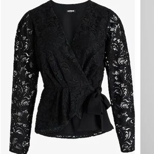 Express Lace V-Neck Long Sleeve Tie Waist Peplum Top